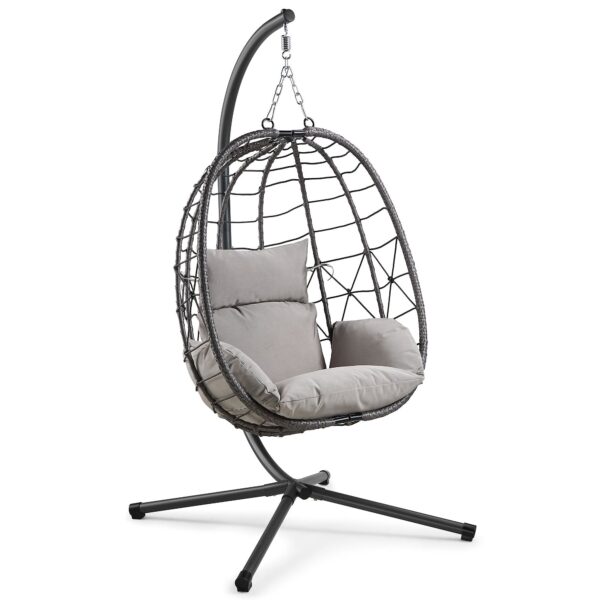 Hanging Egg Chair, Grey Rattan Garden Swing Chair with Stand