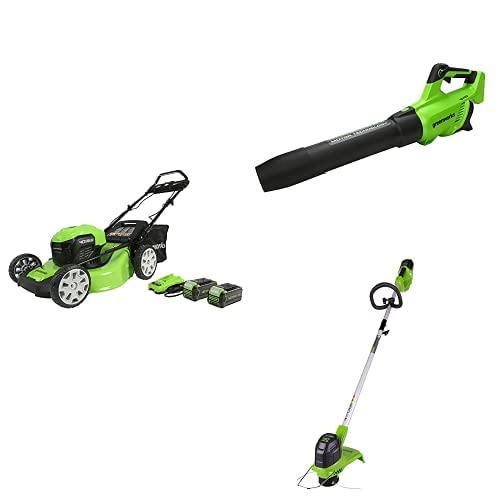 Greenworks 40V 21" Brushless Cordless (Smart Pace) Self-Propelled Electric Lawn Mower, Brushless Leaf Blower (130 MPH / 550 CFM), String Trimmer, (2) 4.0Ah Batteries and Charger (New)