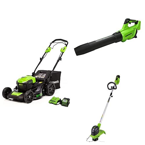 Greenworks 40V 21" Brushless Cordless Self-Propelled Electric Lawn Mower, Brushless Leaf Blower (130 MPH / 550 CFM), String Trimmer, 5.0Ah Battery and Charger (New)