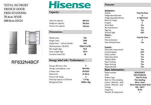 Hisense RF632N4BCE American Door Fridge Freezer, 485L, No Frost, Silver (New)