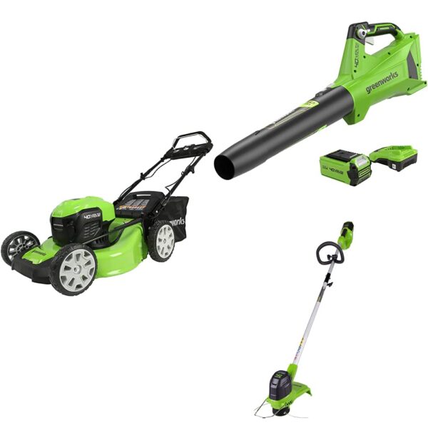 Greenworks 40v 21-Inch Brushless Self-Propelled Cordless Lawn Mower,12-Inch String Trimmer and Axial Leaf Blower Combo Kit, 4.0Ah USB Battery and Charger Included (New)