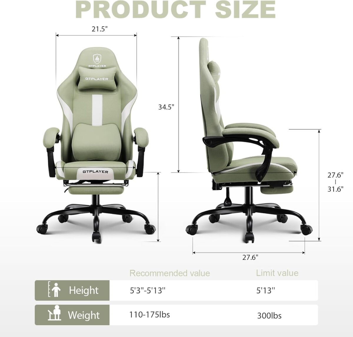 GTPLAYER Fabric Gaming Chair, Ergonomic, Footrest, Lumbar Support, White. (New)