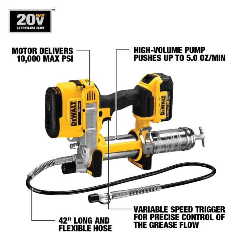 DEWALT 20V MAX Cordless Grease Gun Kit, 10,000 PSI, 42" Hose (DCGG571M1) (New)