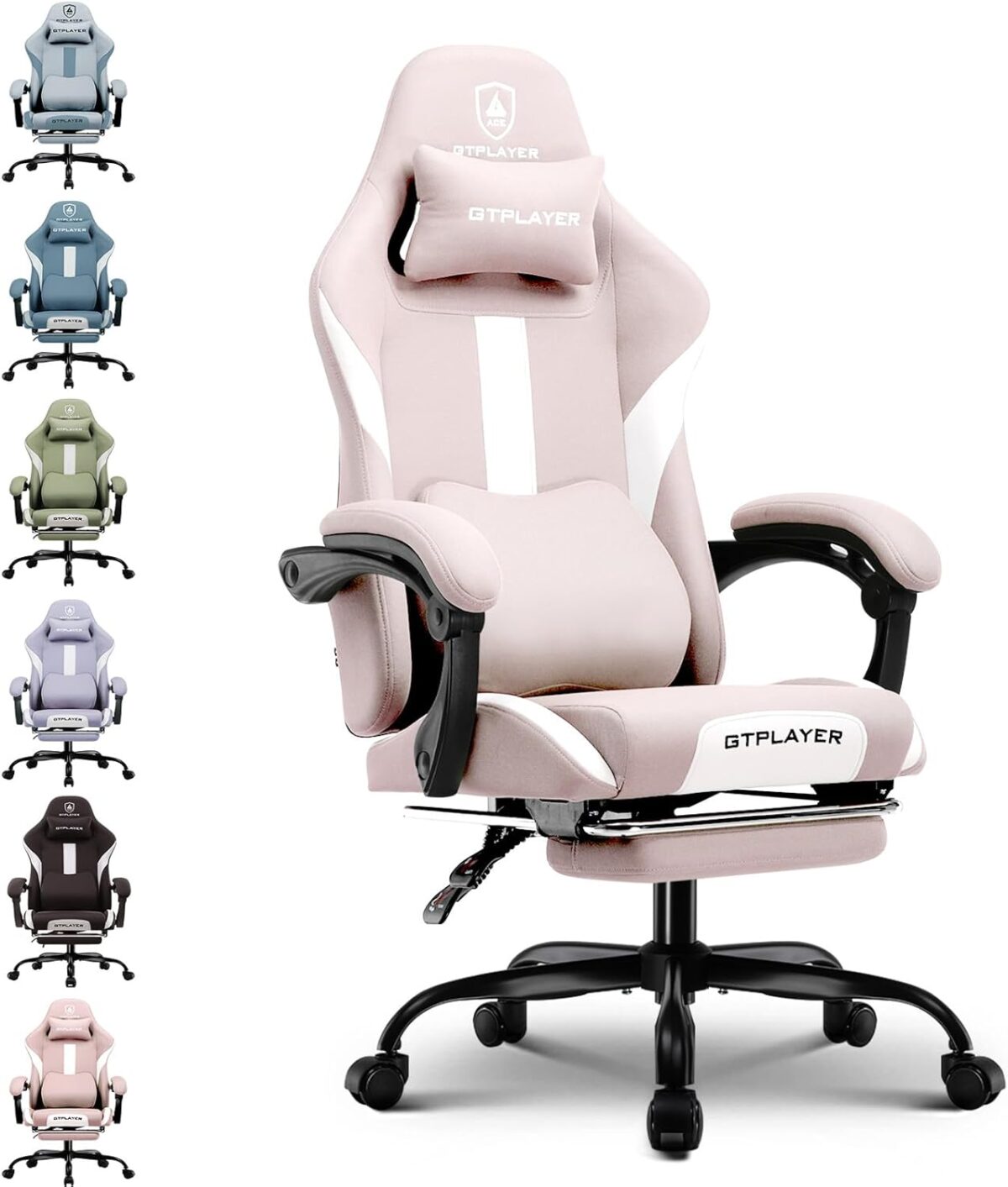 GTPLAYER Fabric Gaming Chair, Ergonomic, Footrest, Lumbar Support, White. (New)