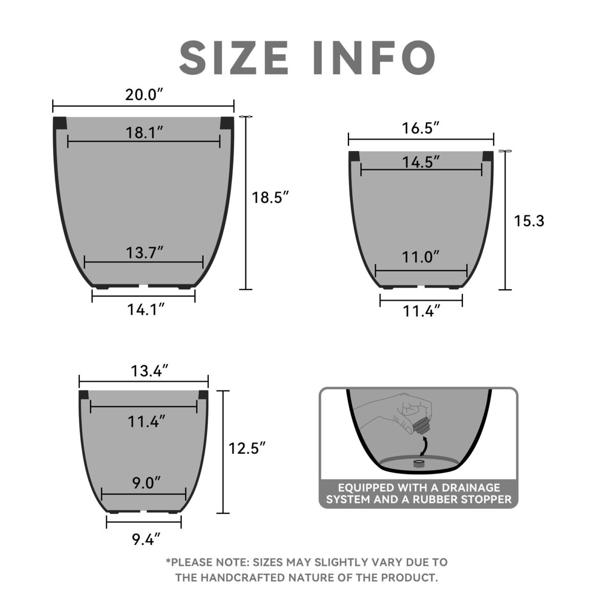 Kante 3-Piece Concrete Planters Set: 20", 16.5", 13.4" with Drainage Hole. (New)