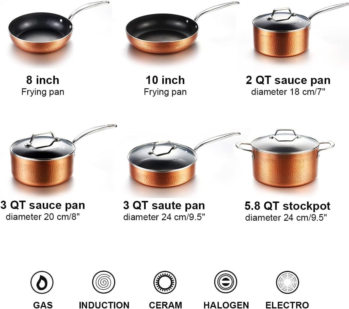 COOKSMARK 10-Piece Non-Stick Ceramic Cookware Set, Copper, Induction, Oven Safe (New)