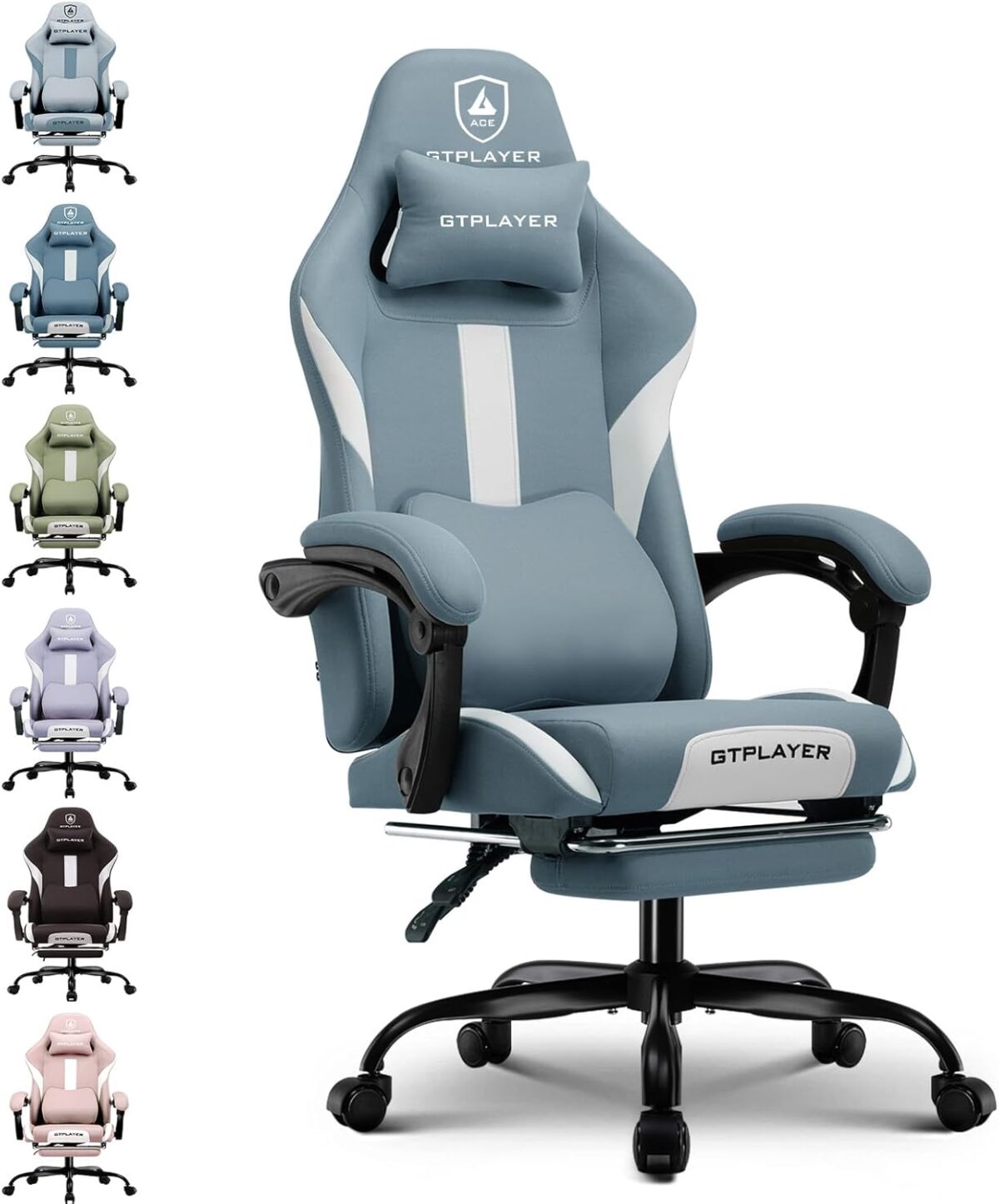 GTPLAYER Fabric Gaming Chair, Ergonomic, Footrest, Lumbar Support, White. (New)