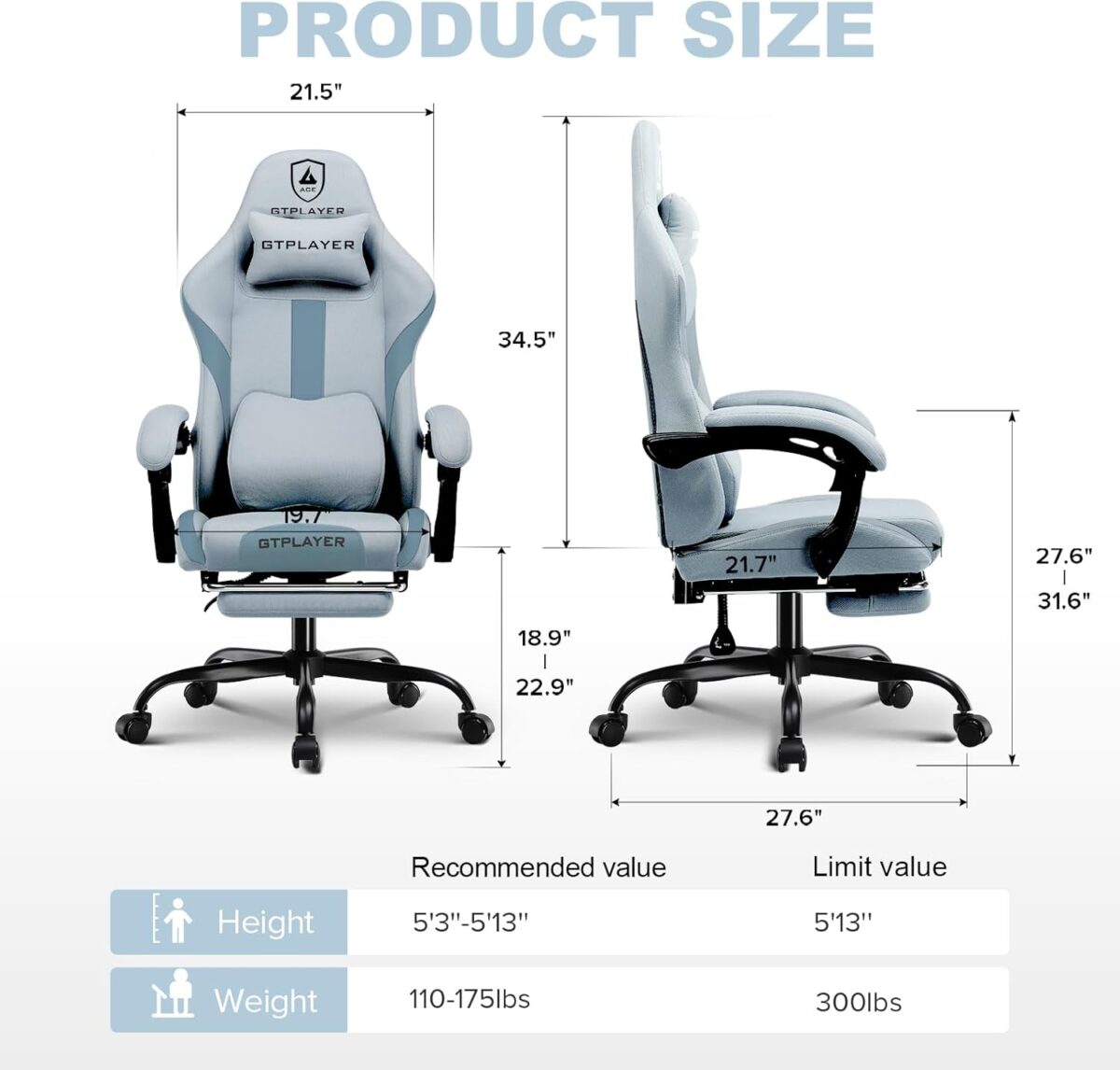 GTPLAYER Fabric Gaming Chair, Ergonomic, Footrest, Lumbar Support, White. (New)