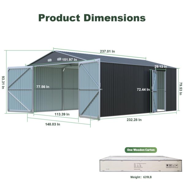 Jaxenor 20x13 FT Outdoor Storage Shed: Metal, 2 Doors, 4 Vents, Tool Storage (New)