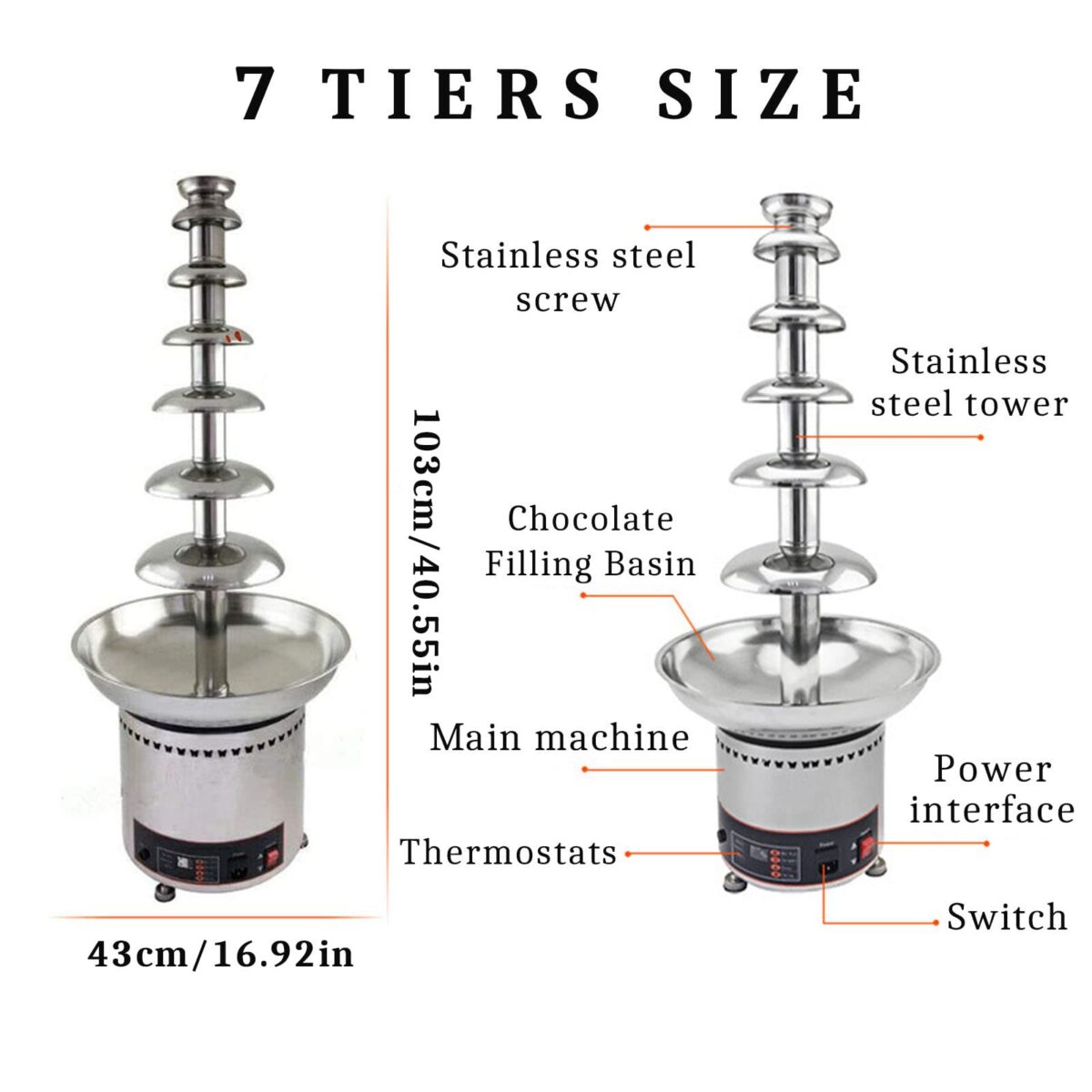 7-Tier Chocolate Fountain: Commercial Fondue, Temp Control, Party Buffet Equipment (New)