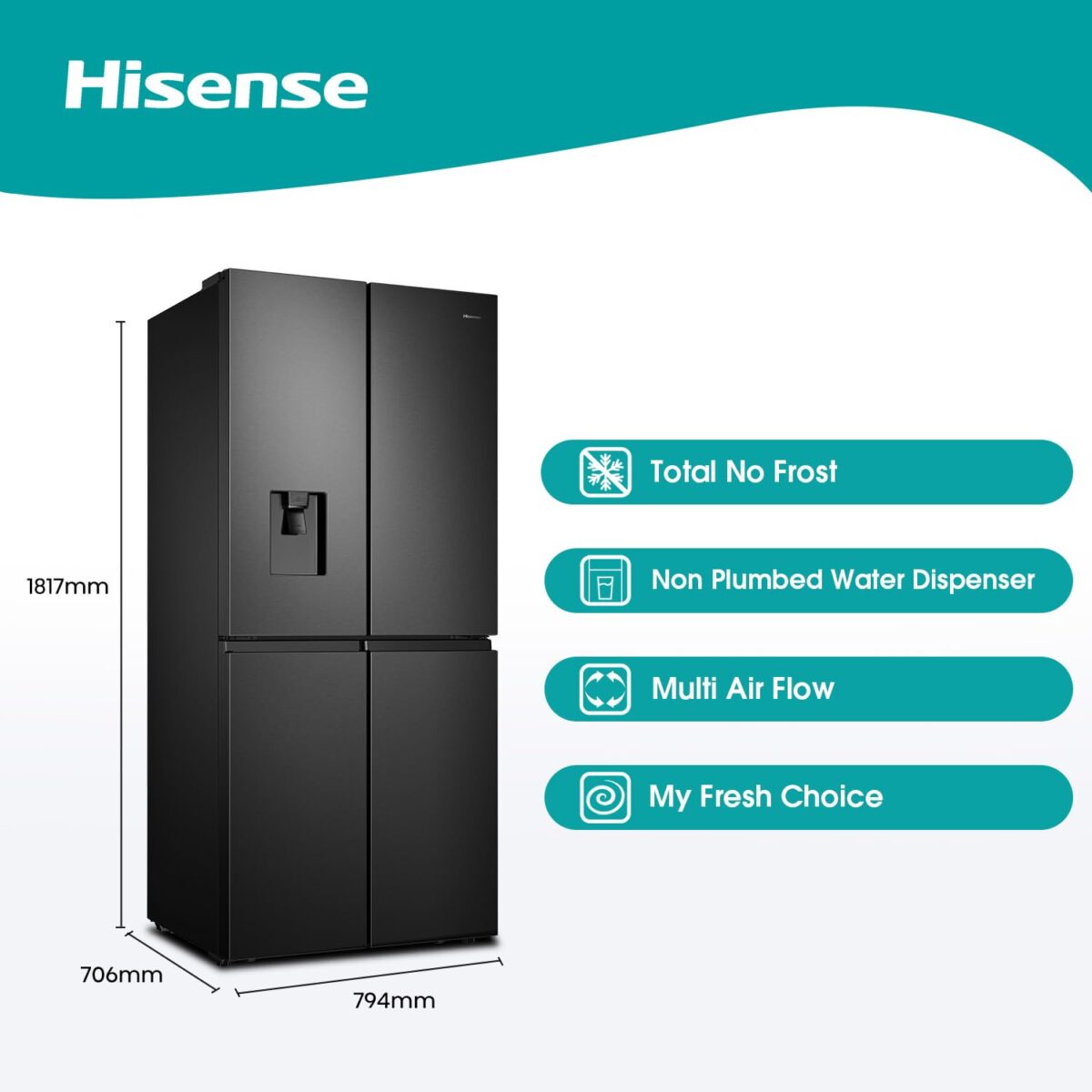 Hisense RQ560N4WBF Freestanding Cross Door Fridge Freezer, Black, 454 liters (New)