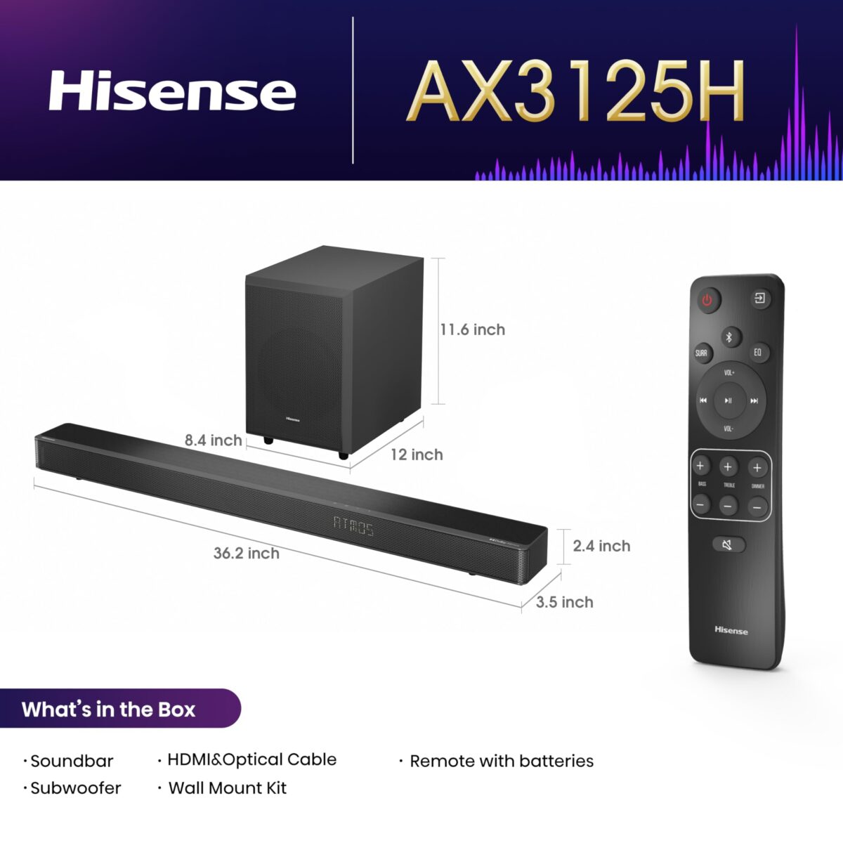 Hisense AX3125H 3.1.2Ch Sound Bar, 440W, Dolby Atmos, Bluetooth (New)