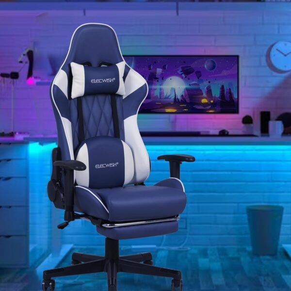 ELECWISH Gaming Chair: Footrest, Lumbar Support, Recliner, Navy Blue (New)