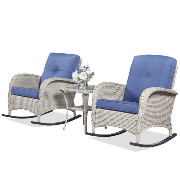 Belord Outdoor Rocking Chairs Set: 2 Wicker Rockers, Cushions, Side Table. (New)