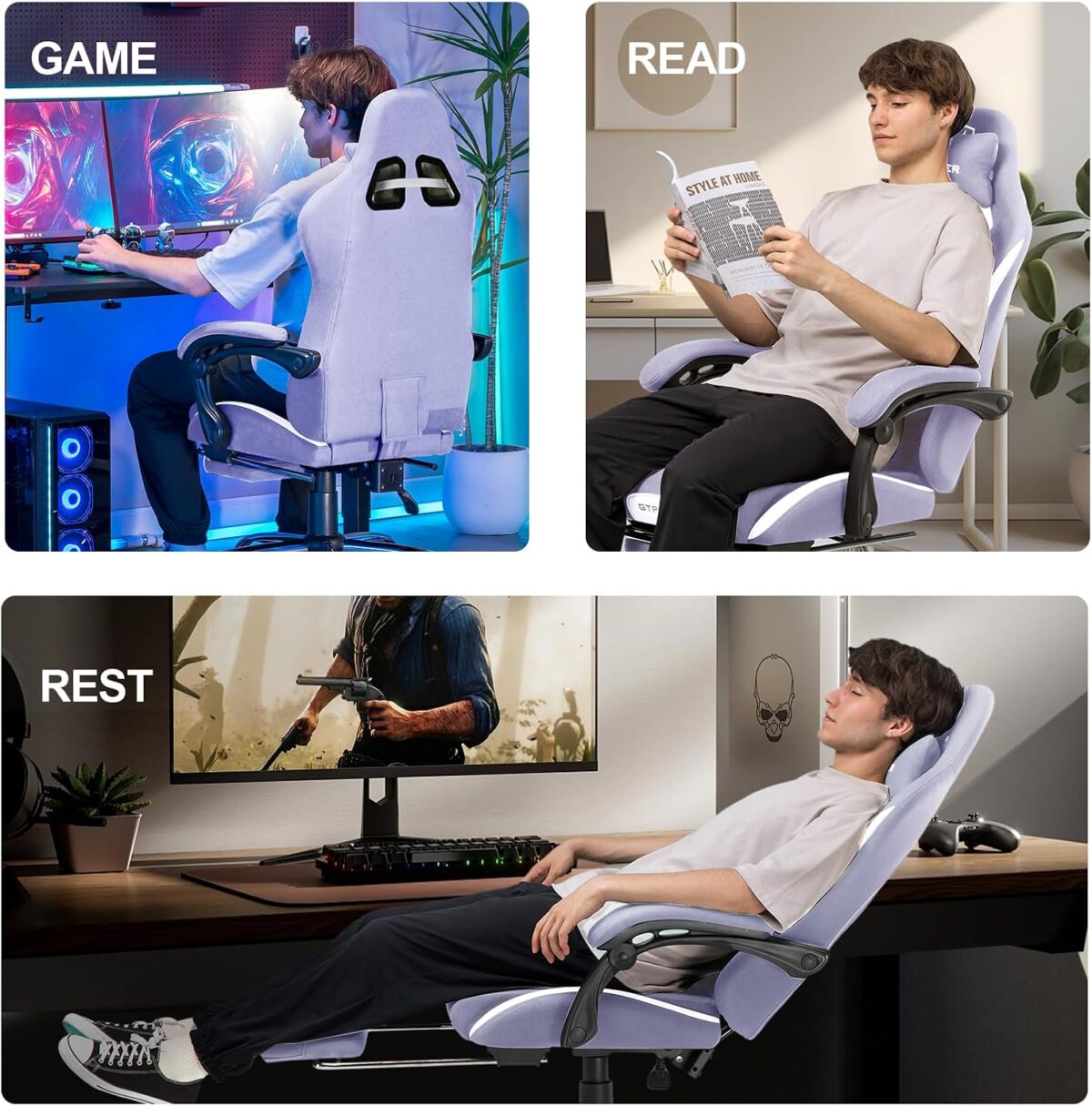 GTPLAYER Fabric Gaming Chair, Ergonomic, Footrest, Lumbar Support, White. (New)