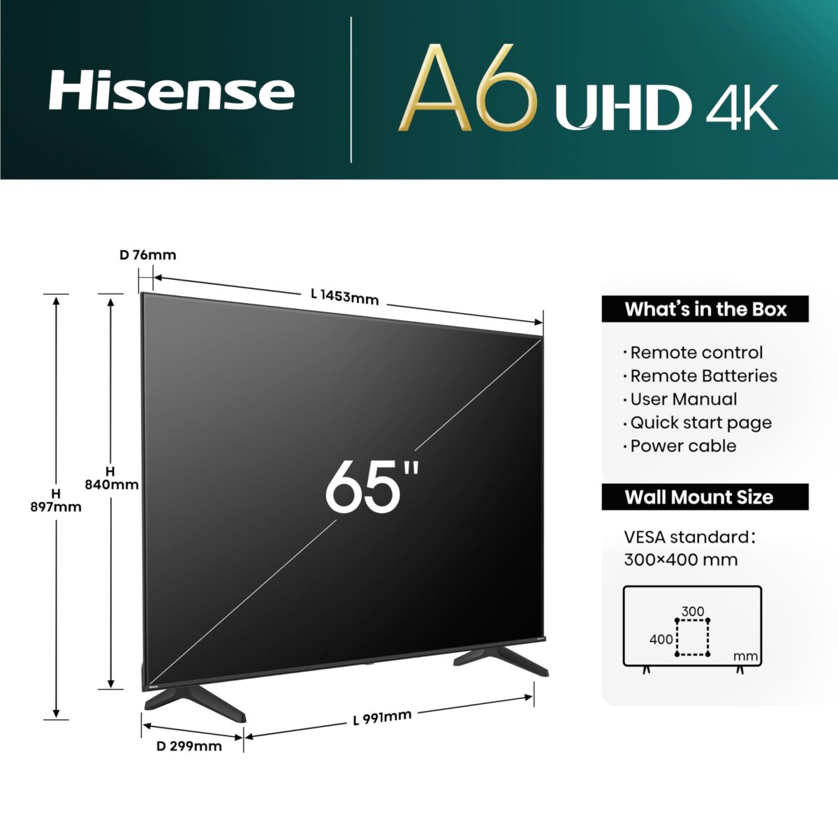 Hisense 65'' 4K Smart TV 65A6NTUK, Dolby Vision, Game Mode, 2024 (New)