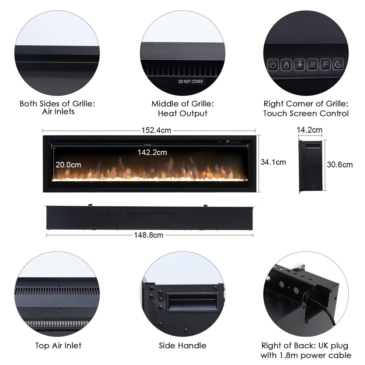 INMOZATA 152cm Electric Fireplace, Wall Mounted, LED Flame, Remote (New)