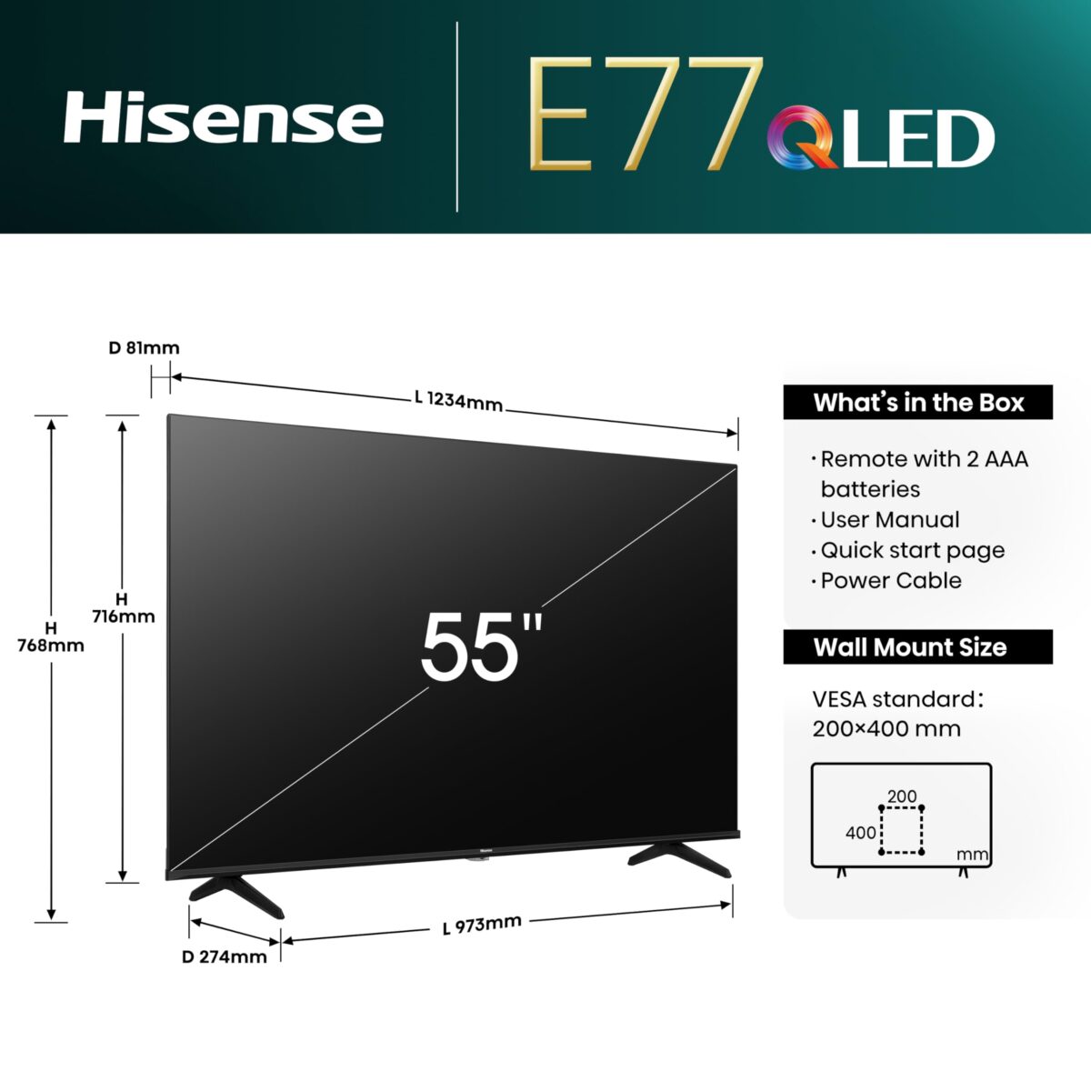 Hisense 55'' 4K QLED Smart TV 55E77NQTUK, Dolby Vision, 2024 (New)