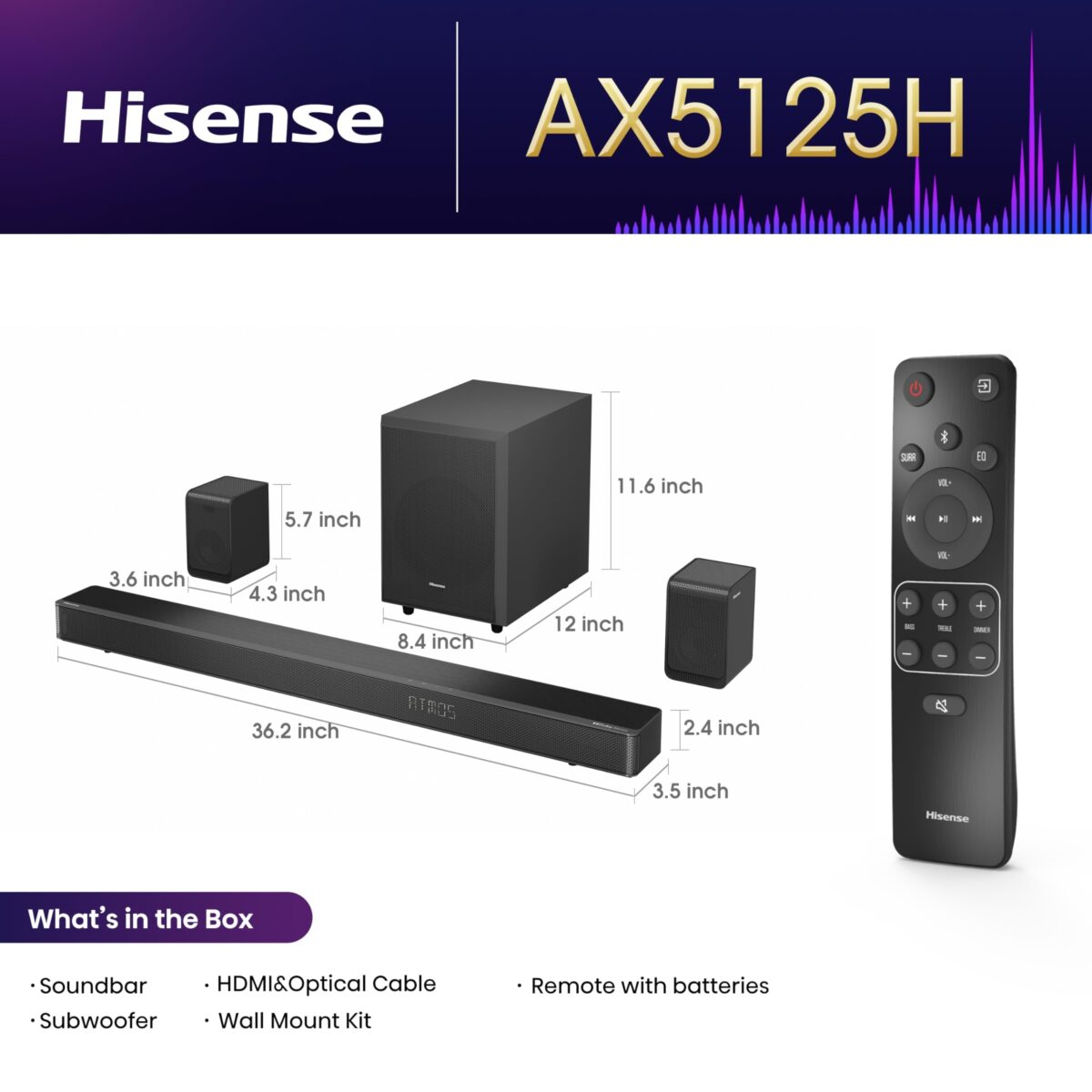 Hisense AX5125H 5.1.2Ch Sound Bar, 500W, Dolby Atmos, Bluetooth (New)