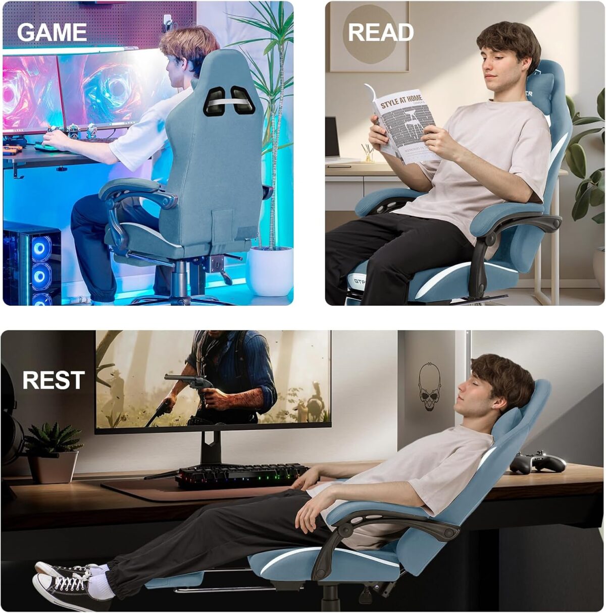 GTPLAYER Fabric Gaming Chair, Ergonomic, Footrest, Lumbar Support, White. (New)