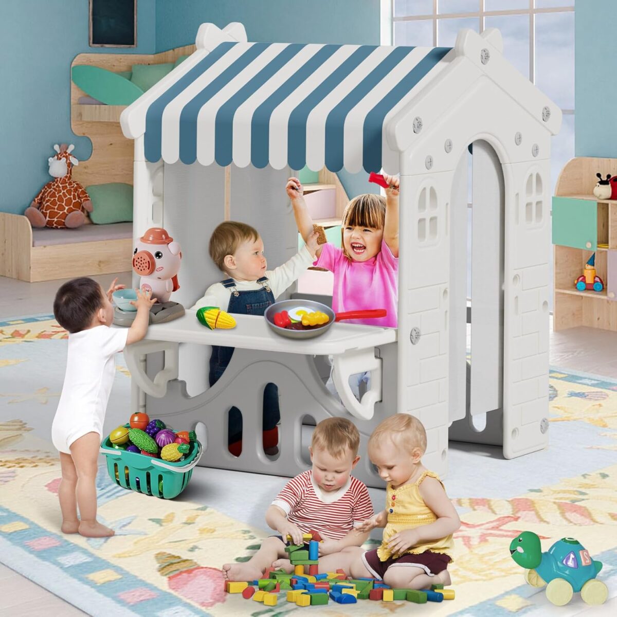 BIERUM Kids Playhouse with Cute Kids Pretend Play Kitchen Toys Set, Outdoor Playhouse for Toddlers Aged 1-3, with Windows, Door Curtains and Foldable Stand and Play Platform (New)