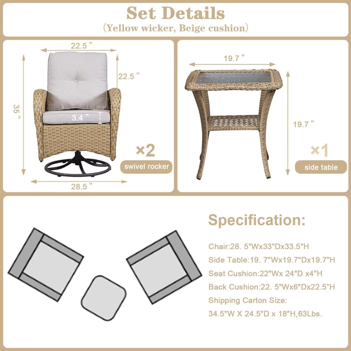 Belord 3PC Patio Set: Swivel Rocker Chairs, Rattan Table, Beige Cushions. (New)