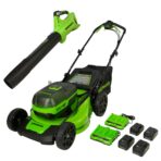 Greenworks 48V 21" Brushless Self-Propelled Lawn Mower, Blower, (4) 4.0Ah Batteries. (New)