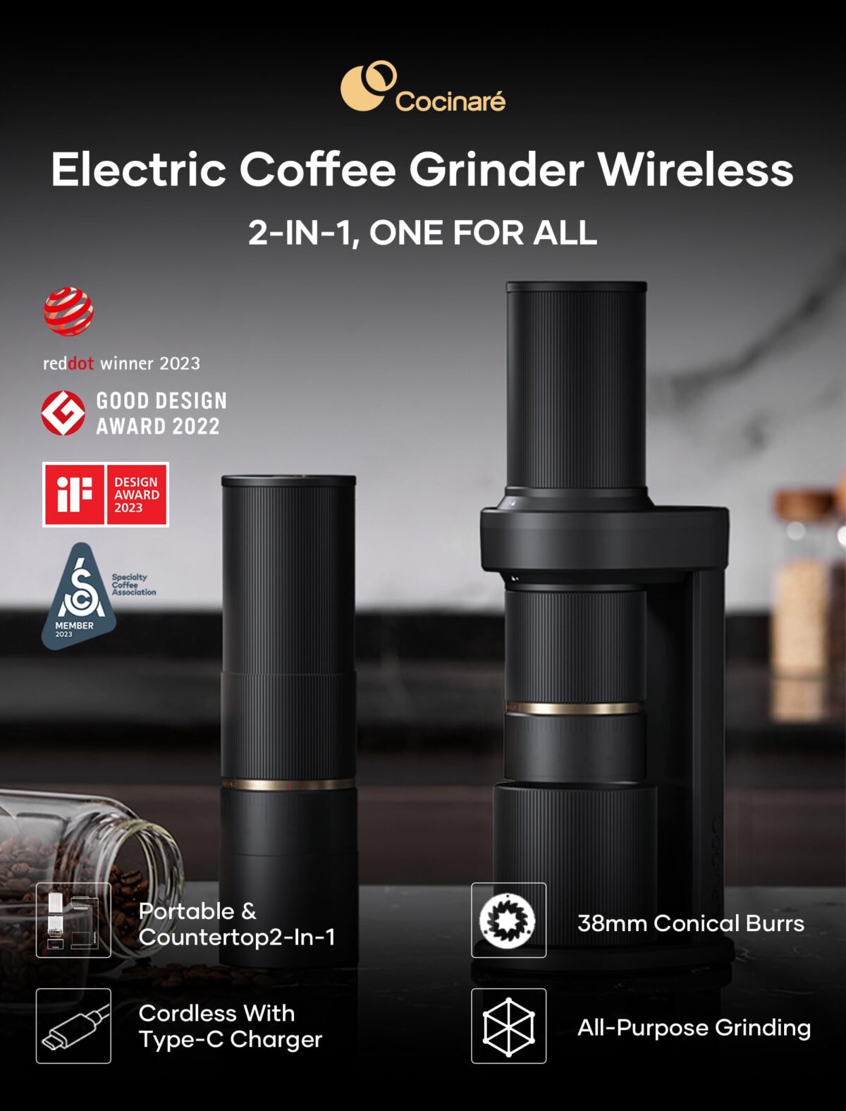 Cocinare 2-in-1 Electric Coffee Grinder, Burr, Portable, Black (New)