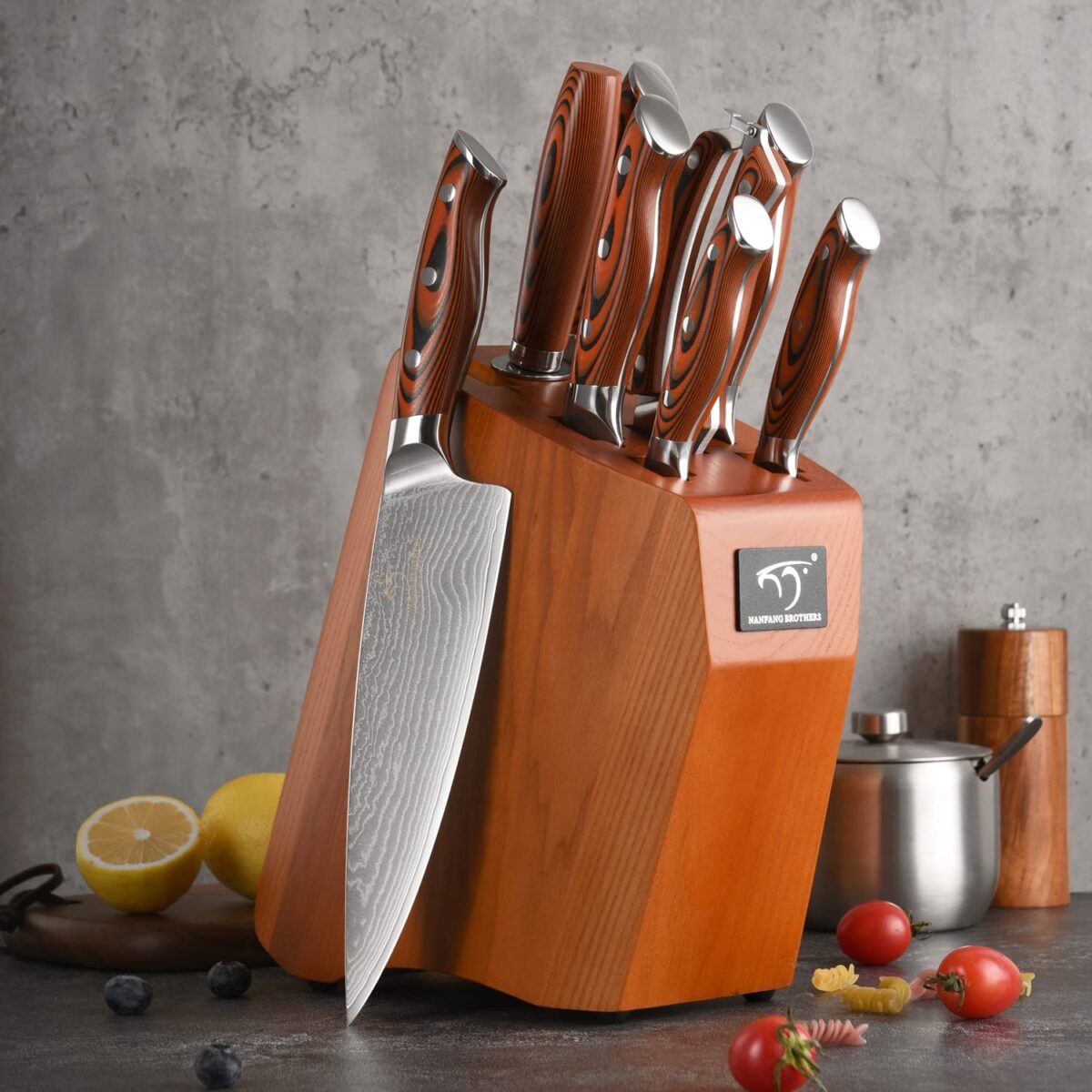 Damascus Kitchen Knife Set, VG10 Steel, Wooden Handle, Beech Block, Red (New)