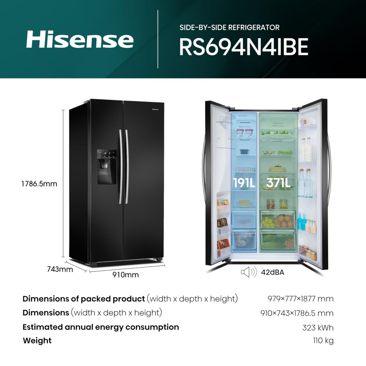 Hisense RS694N4IBF Side-by-Side Fridge Freezer, 562L, Black (New)