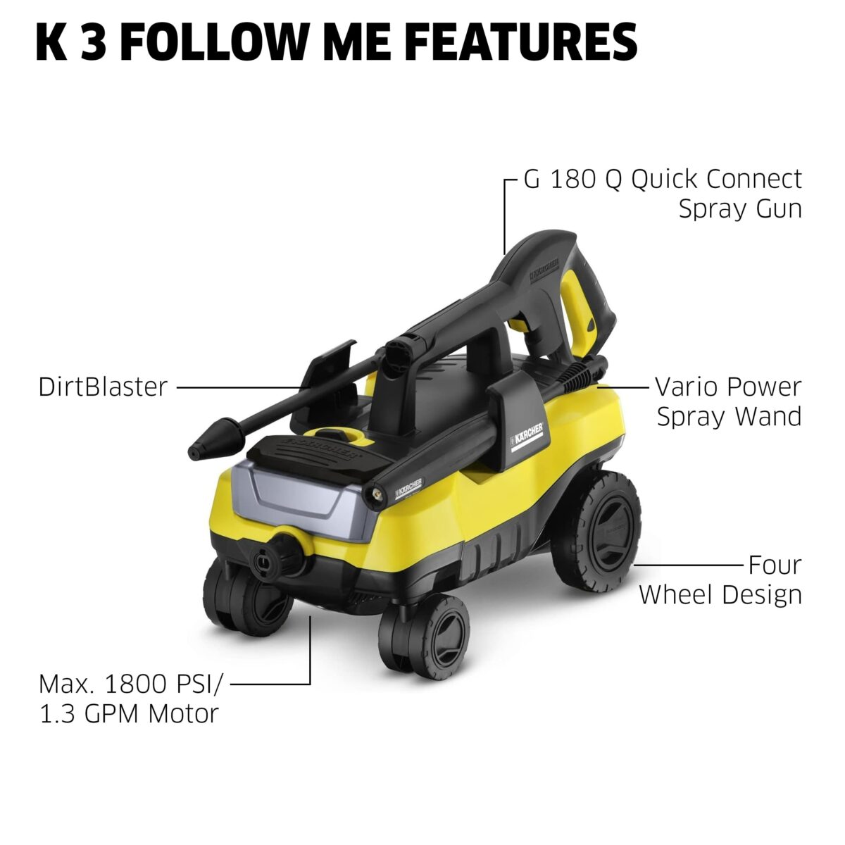 Kärcher K 3 Follow Me: 1800 PSI Pressure Washer, Vario & Dirtblaster Wands. (New)