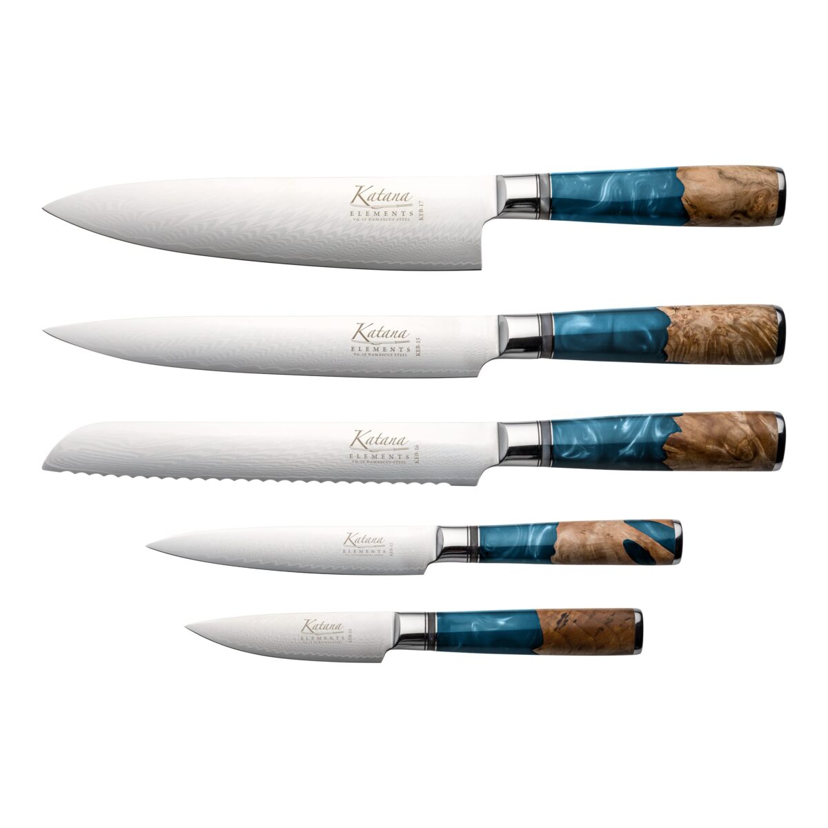 Katana Elements 6-Piece Knife Set: VG-10 Damascus, Ocean Blue, Olivewood. (New)