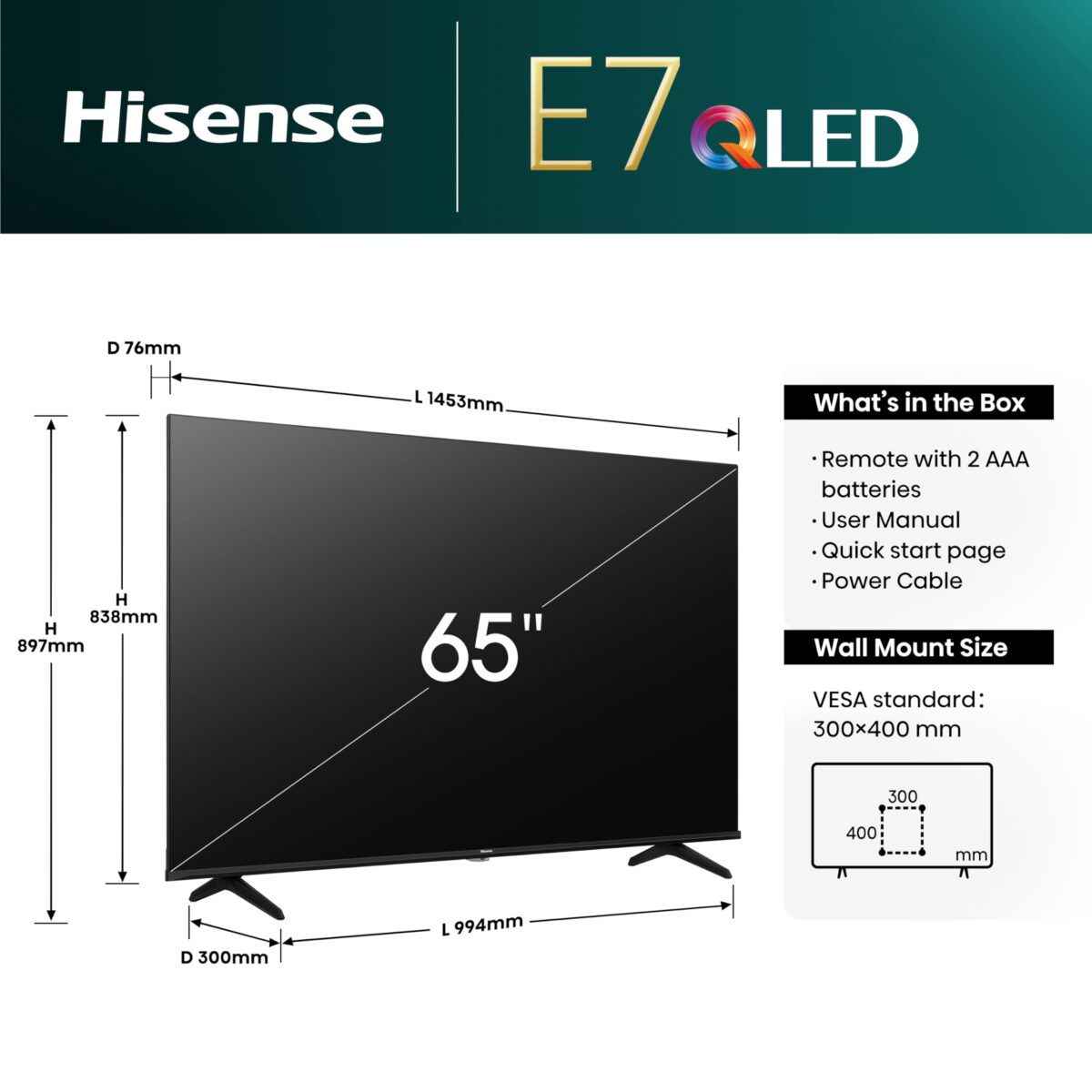 Hisense 65'' 4K QLED Smart TV 65E7NQTUK, Dolby Vision, 2024 (New)