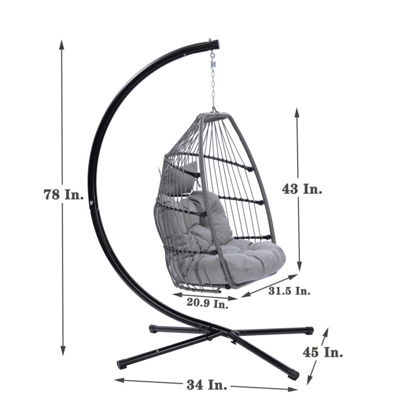 HomSof Outdoor Patio Wicker Hanging Chair, Rattan Swing, Cushion, Grey (New)