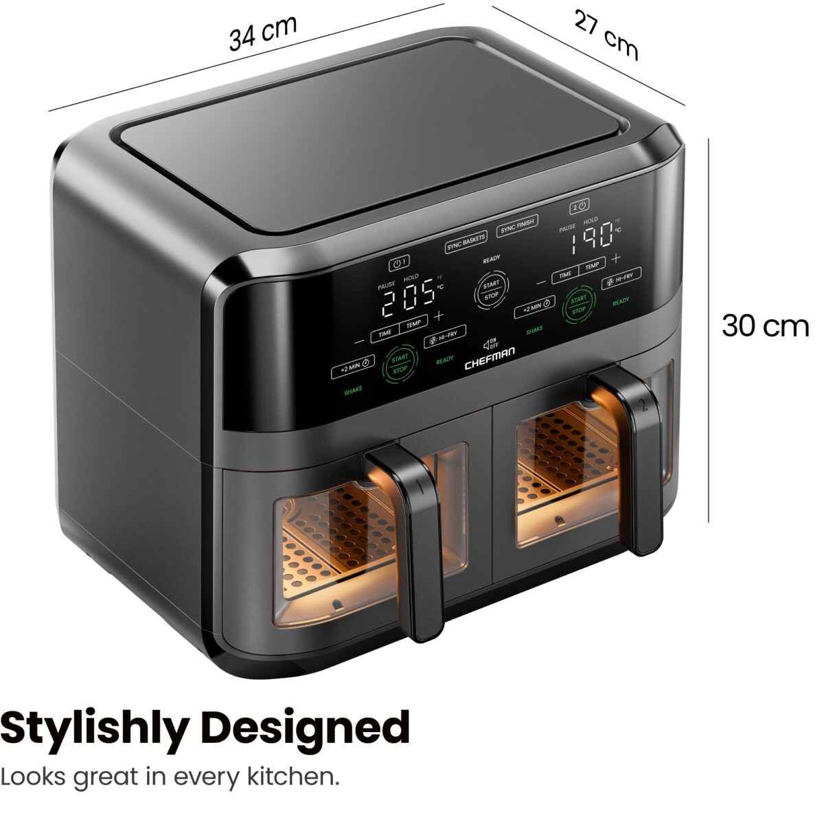 CHEFMAN 5.6L Dual Basket Air Fryer, 2100W, Digital, Sync Finish, Black (New)