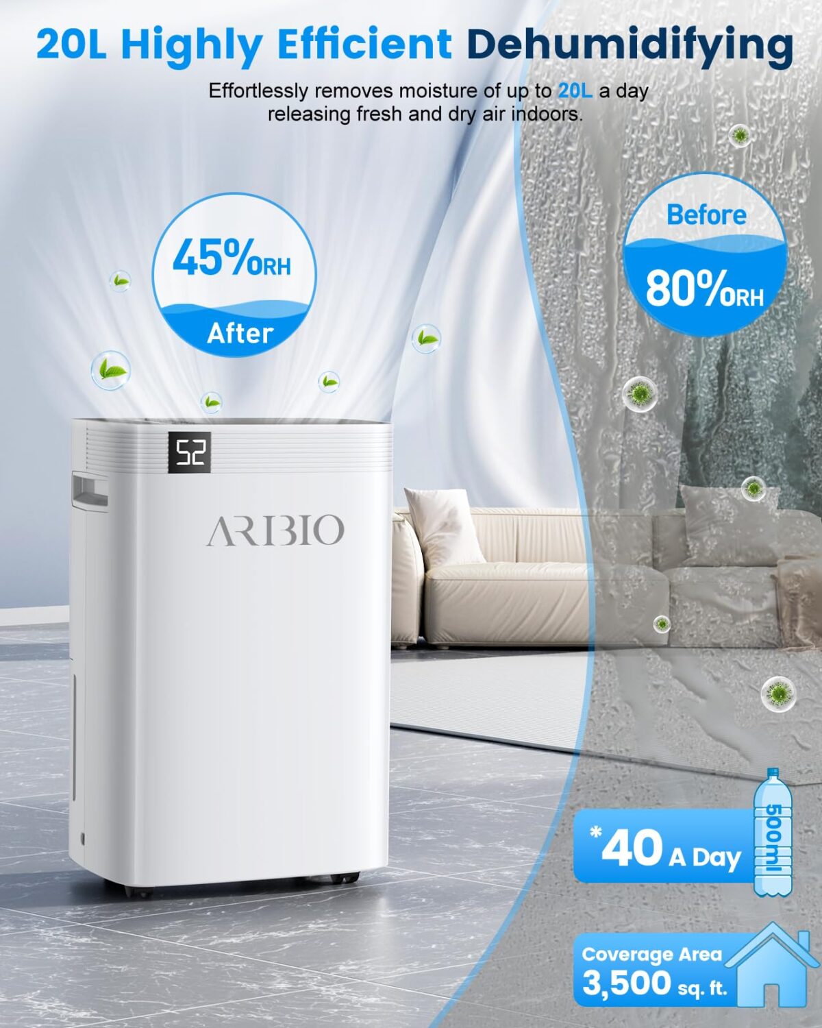 20L/Day Dehumidifier for Home with Digital Display & Timer (New)