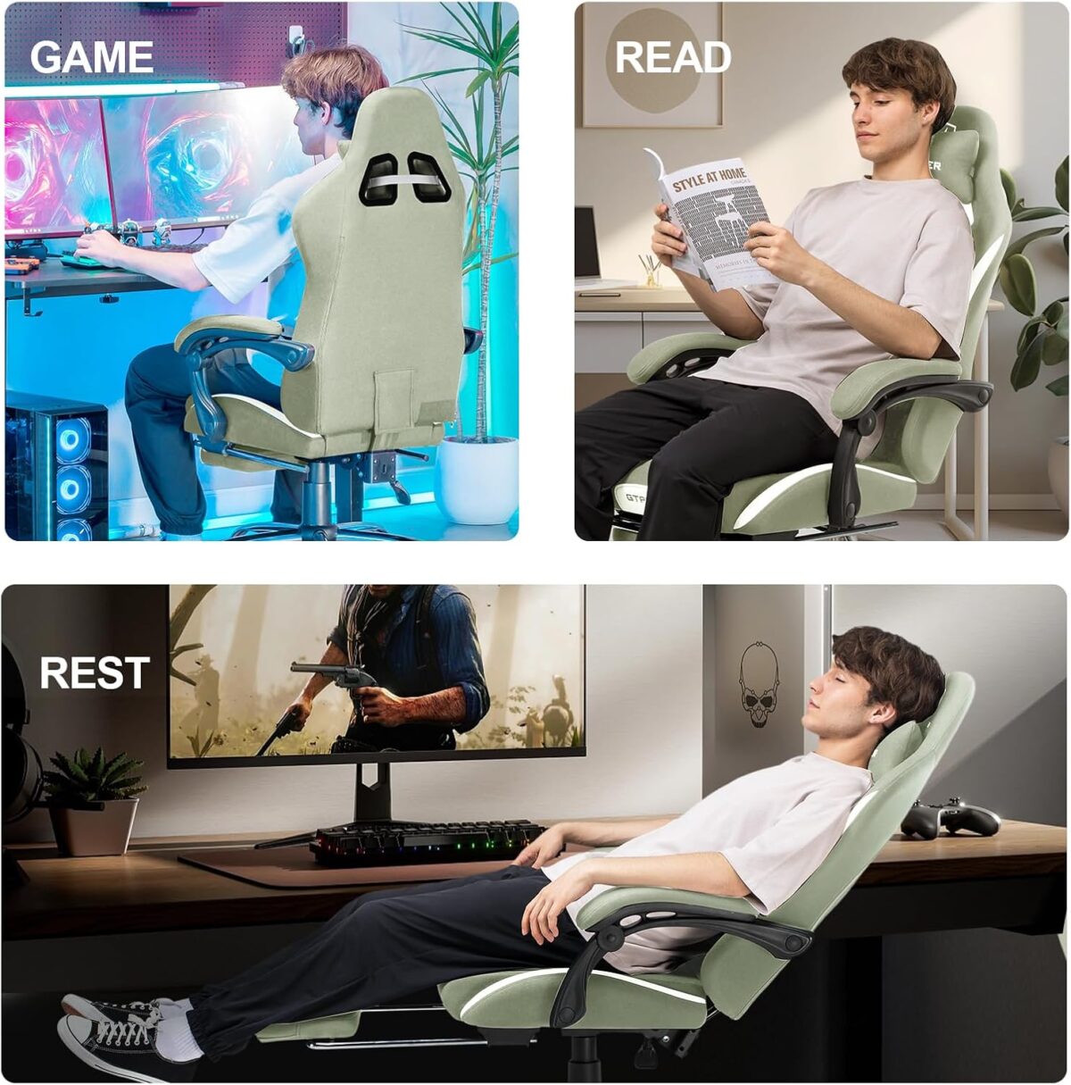 GTPLAYER Fabric Gaming Chair, Ergonomic, Footrest, Lumbar Support, White. (New)