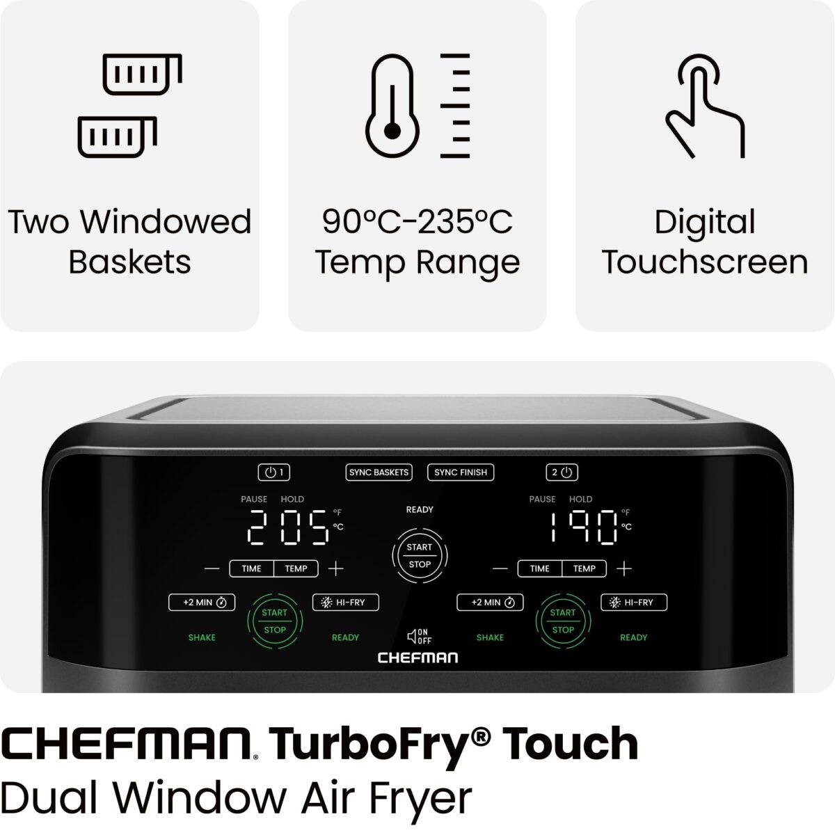 CHEFMAN 5.6L Dual Basket Air Fryer, 2100W, Digital, Sync Finish, Black (New)