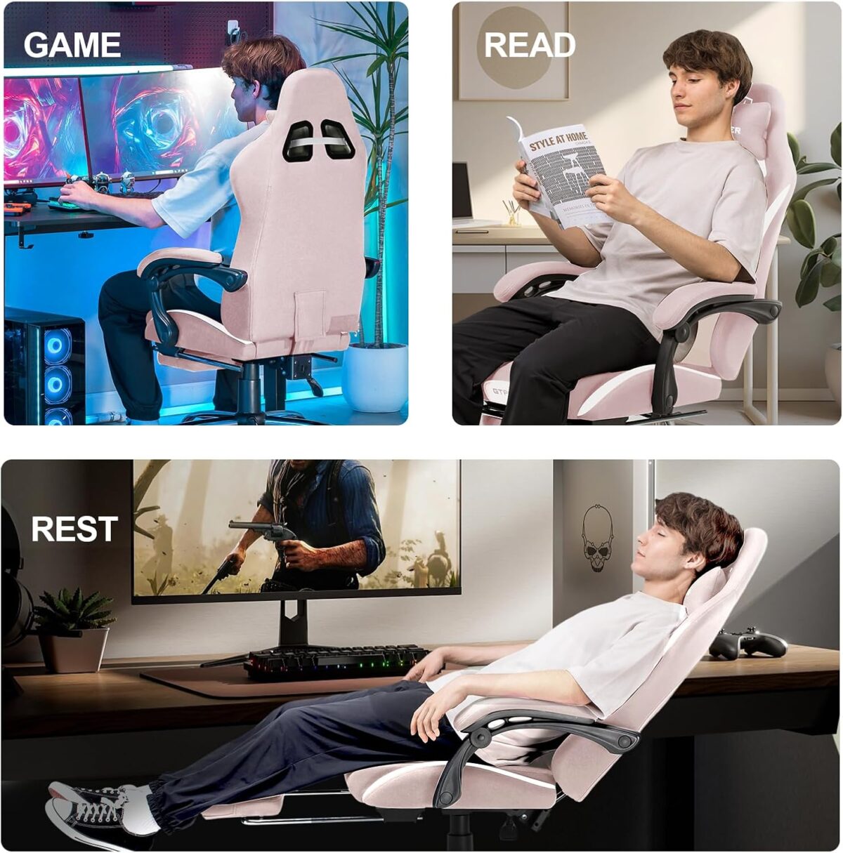 GTPLAYER Fabric Gaming Chair, Ergonomic, Footrest, Lumbar Support, White. (New)