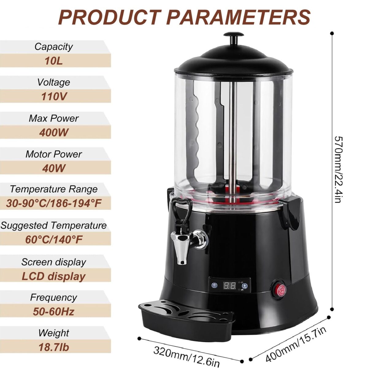 10L Hot Chocolate Dispenser, 110V, Electric Beverage Maker, 30-90℃ Tempering (New)