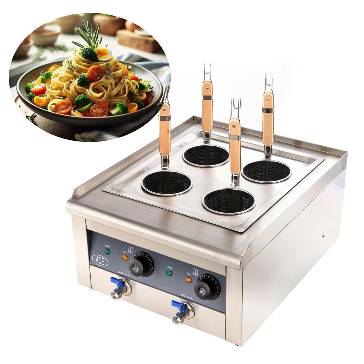 Hakka Commercial Noodle Boiler, Electric Pasta Cooker, 4 Baskets, 2000W, Stainless Steel. (New)