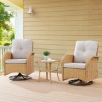 Belord 3PC Patio Set: Swivel Rocker Chairs, Rattan Table, Beige Cushions. (New)