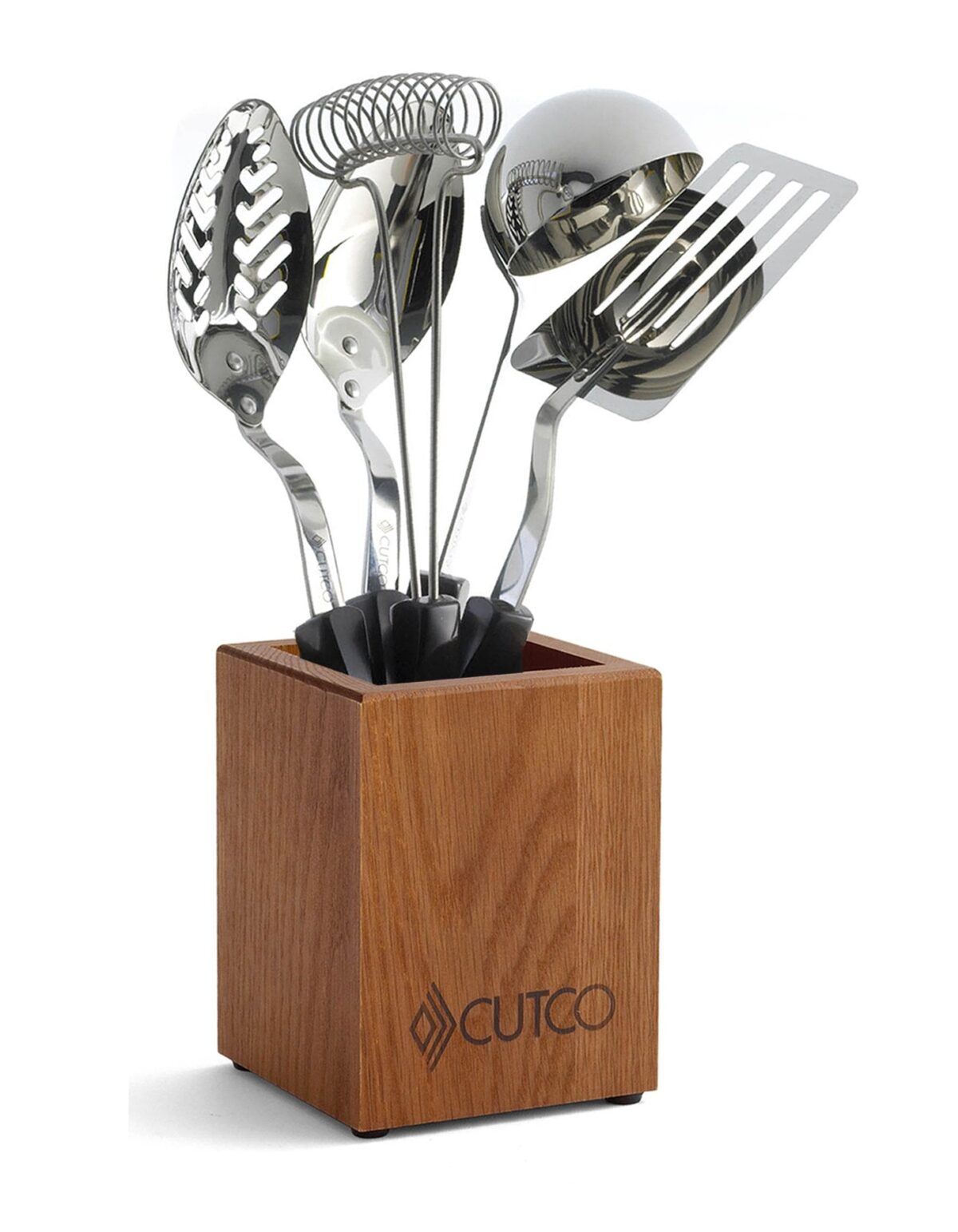 CUTCO 5pc Kitchen Tool Set, Cherry Oak Holder, Slotted Turner, Ladle, Brown (New)