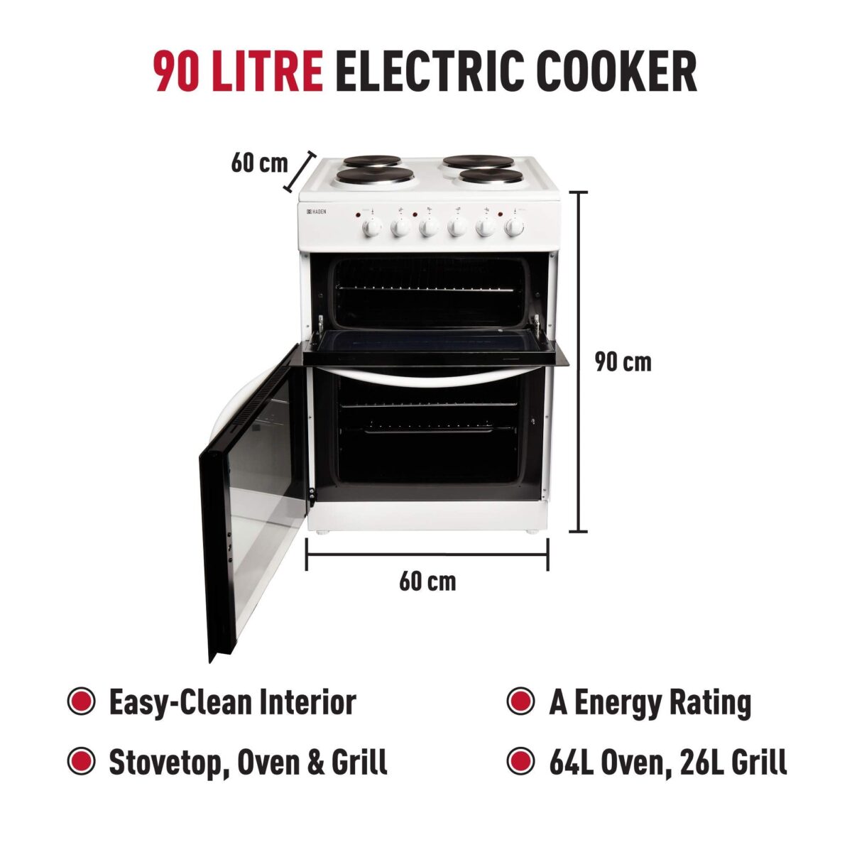 Haden 60cm Electric Cooker, 4 Solid Plate Rings, Double Oven, 1000W Grill, Easy Clean. (New)