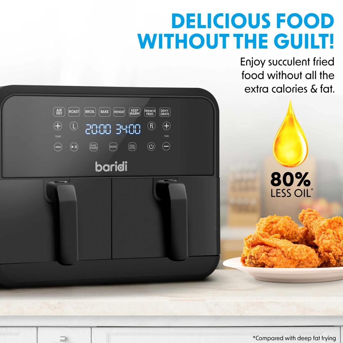 Baridi DH172 Dual Zone Air Fryer: 8L, 8-in-1, Oil-Free, Touch Control. (New)