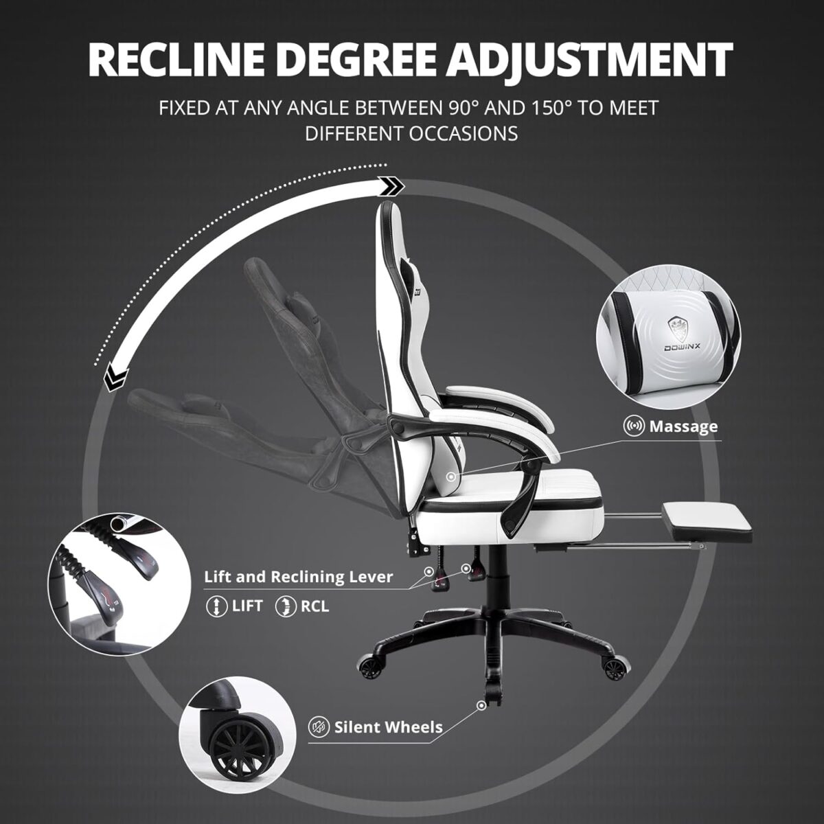 Dowinx Gaming Chair: Recliner, Massage, Footrest, Ergonomic, Grey (New)