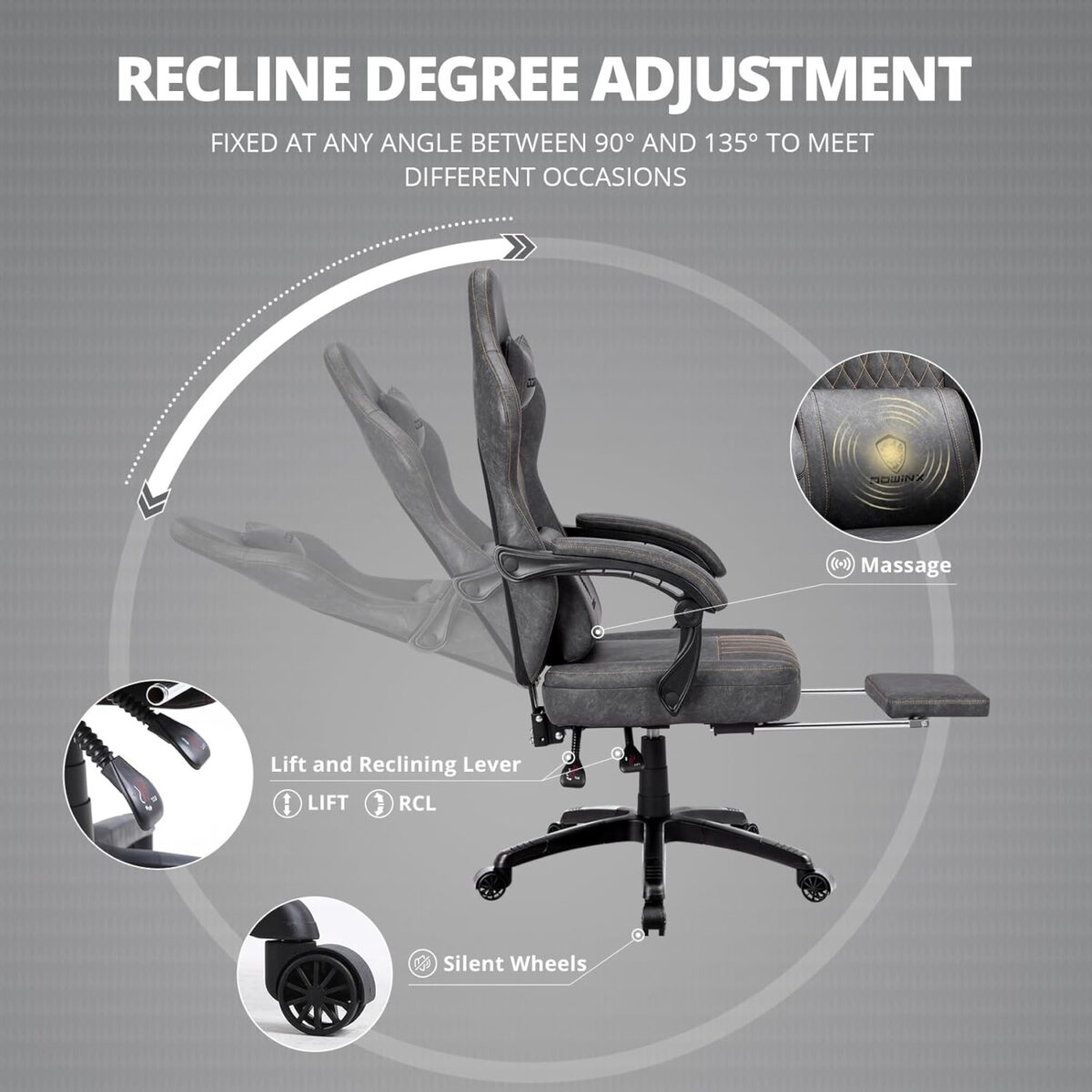 Dowinx Gaming Chair: Recliner, Massage, Footrest, Ergonomic, Grey (New)