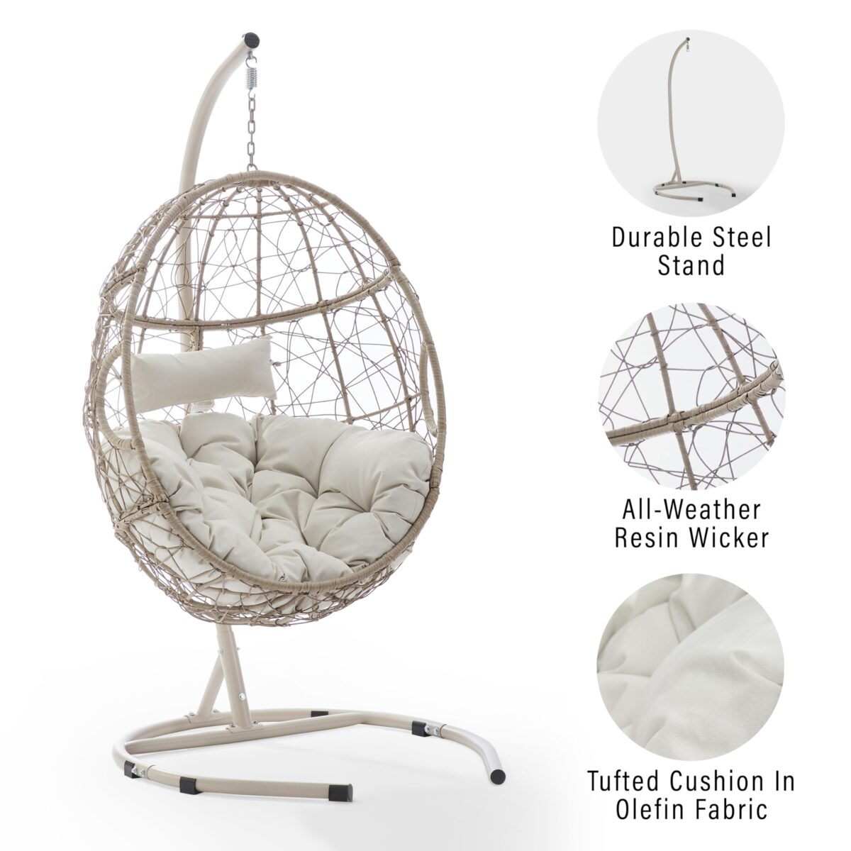 Crosley Cleo Wicker Hanging Egg Chair with Stand, Light Brown, Sand Cushions (New)