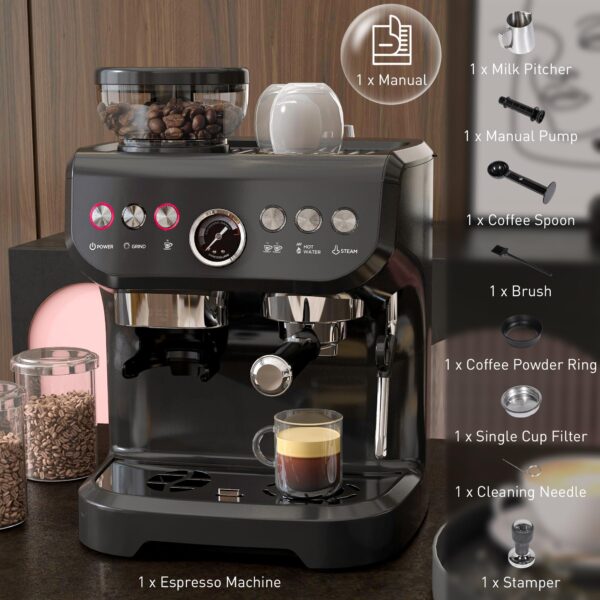 HOMCOM Espresso Machine, 15 Bar Pump, Integrated Grinder, Steam Wand (New)