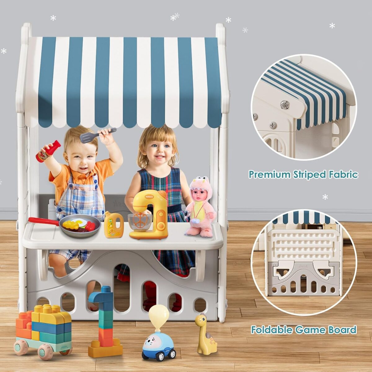 BIERUM Kids Playhouse with Cute Kids Pretend Play Kitchen Toys Set, Outdoor Playhouse for Toddlers Aged 1-3, with Windows, Door Curtains and Foldable Stand and Play Platform (New)